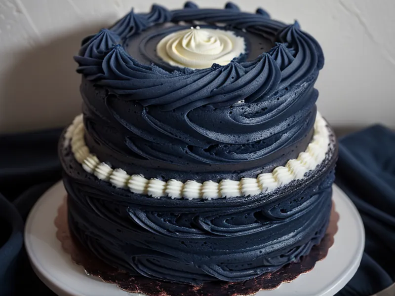 Detalle de decoración de torta con buttercream azul noche profundo y saturado.