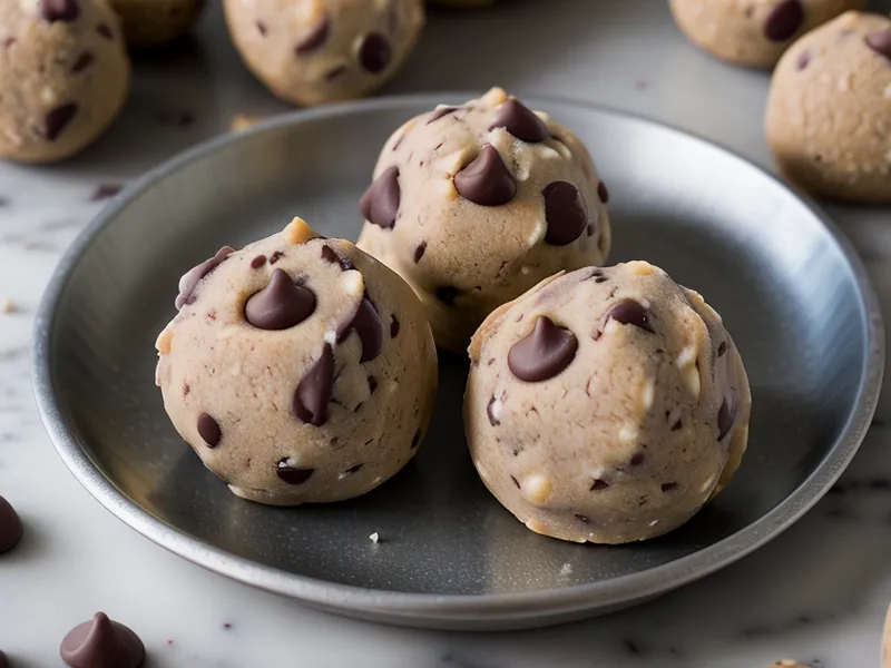 Bolas de masa de galleta de 170 gramos dispuestas en una bandeja metálica.