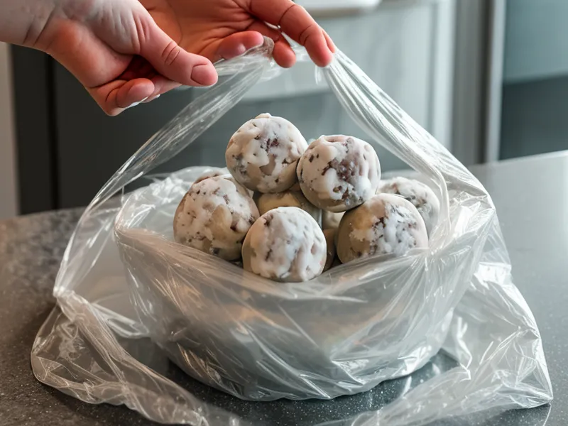 Bolas de masa congeladas siendo guardadas en una bolsa Ziploc transparente.