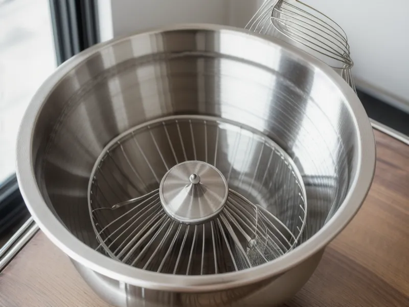 Primer plano de un batidor de acero grueso y un bol metálico con harina, utensilios básicos de repostería casera