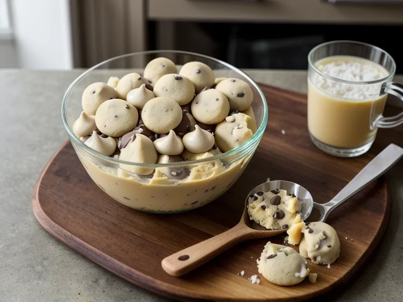 Mano mezclando masa de galletas con chispas de chocolate en un bol de vidrio.